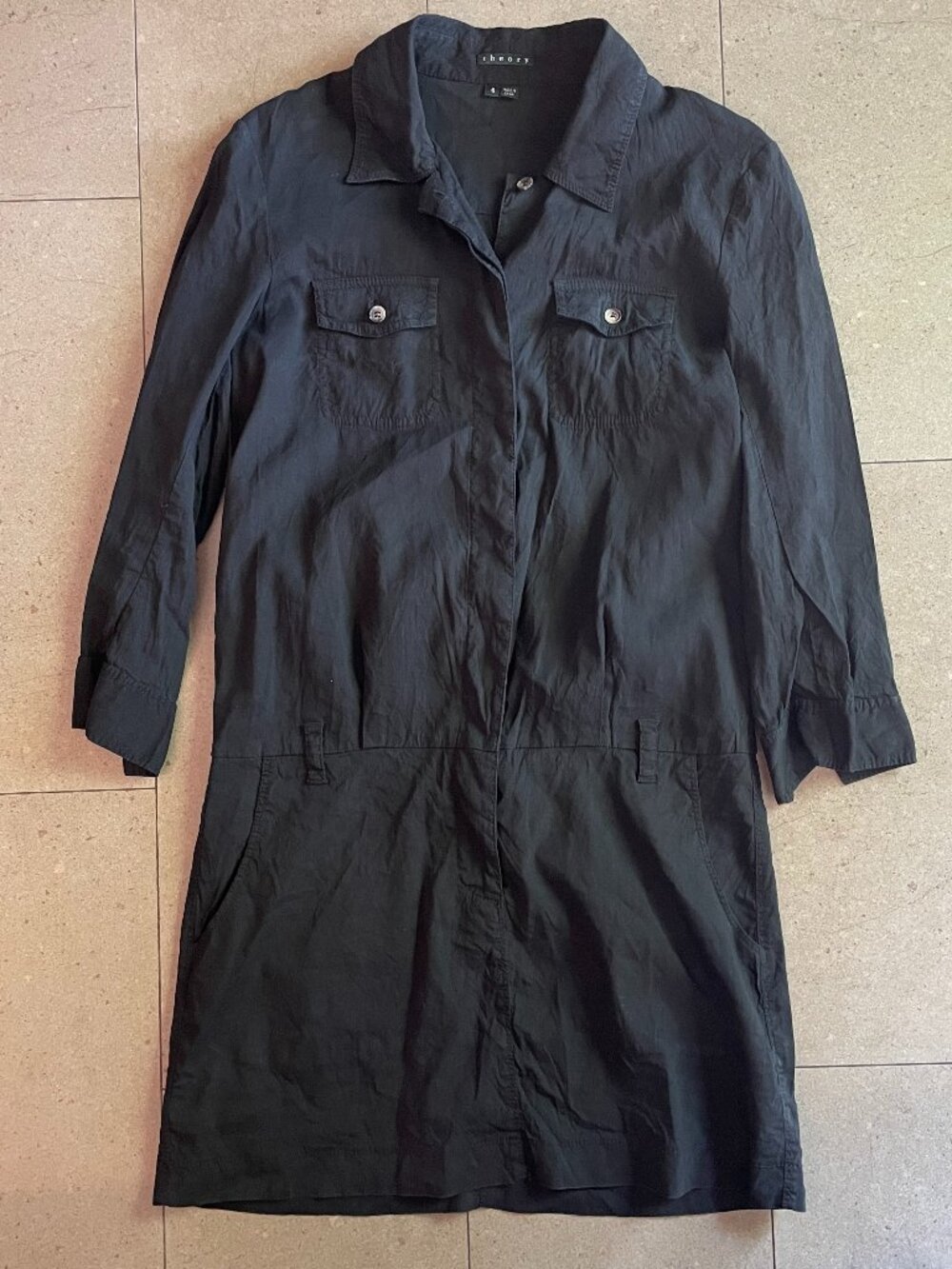 Theory Kadrian Black Button-Up Short Dress Linen Blend Black-Size 6
